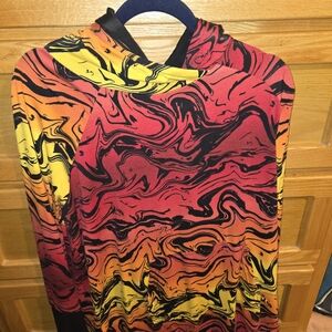 LuLaRoe Black Hoodie with Red, Orange, Yellow Logo Accents